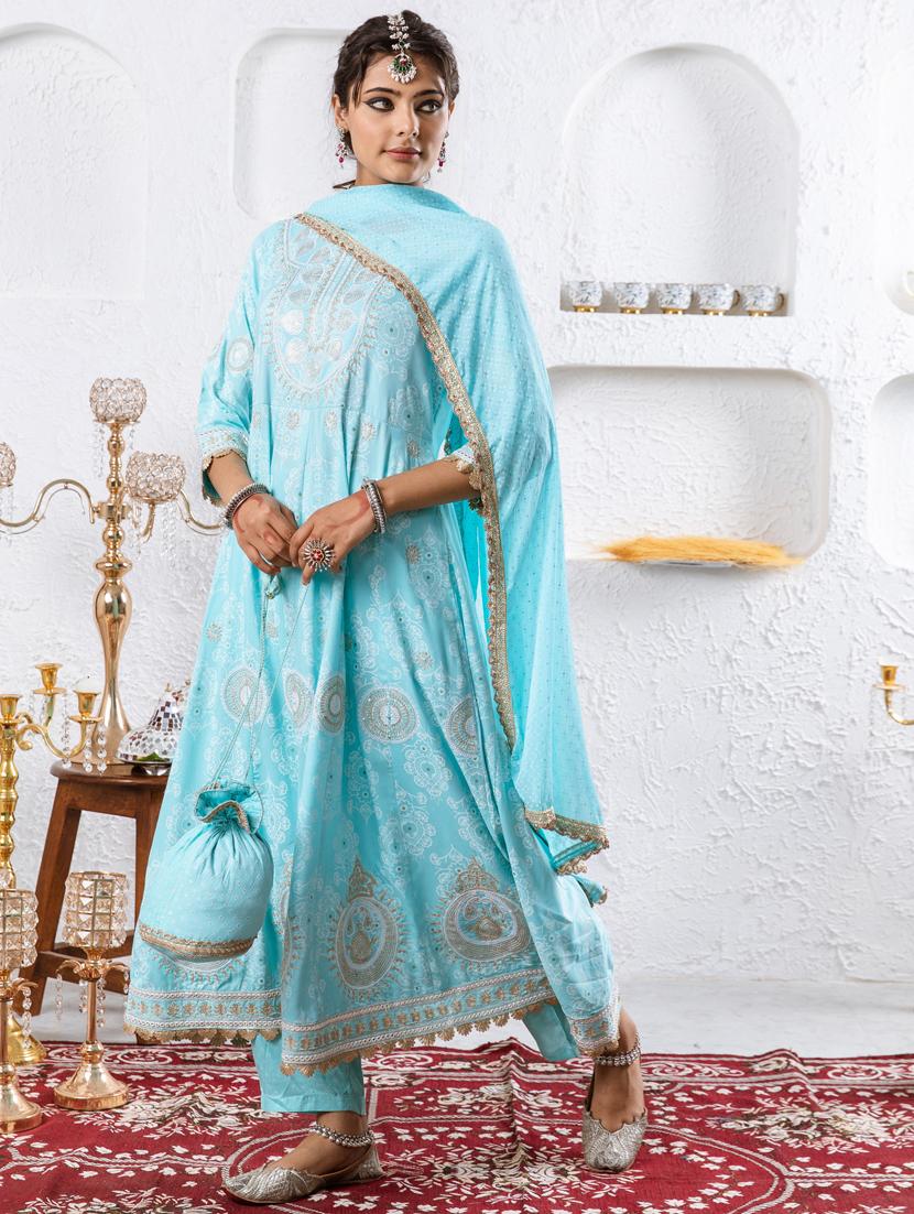 women light blue round neck kurta palazzo set with dupatta - 20449718 - Standard Image - 2