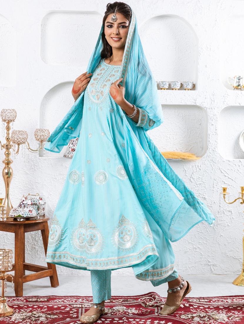 women light blue round neck kurta palazzo set with dupatta - 20449720 - Standard Image - 2