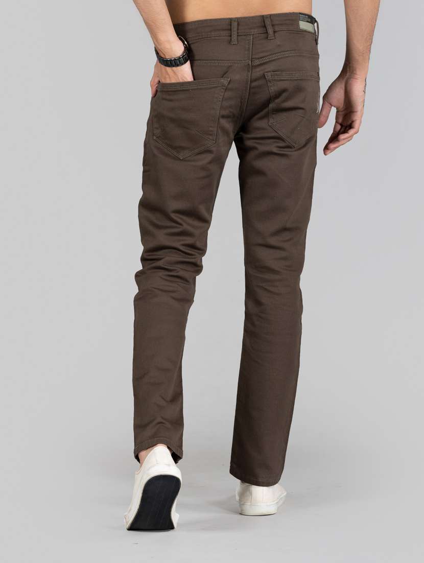 men solid taupe colored cotton blend ankle length jeans - 20449936 - Standard Image - 2