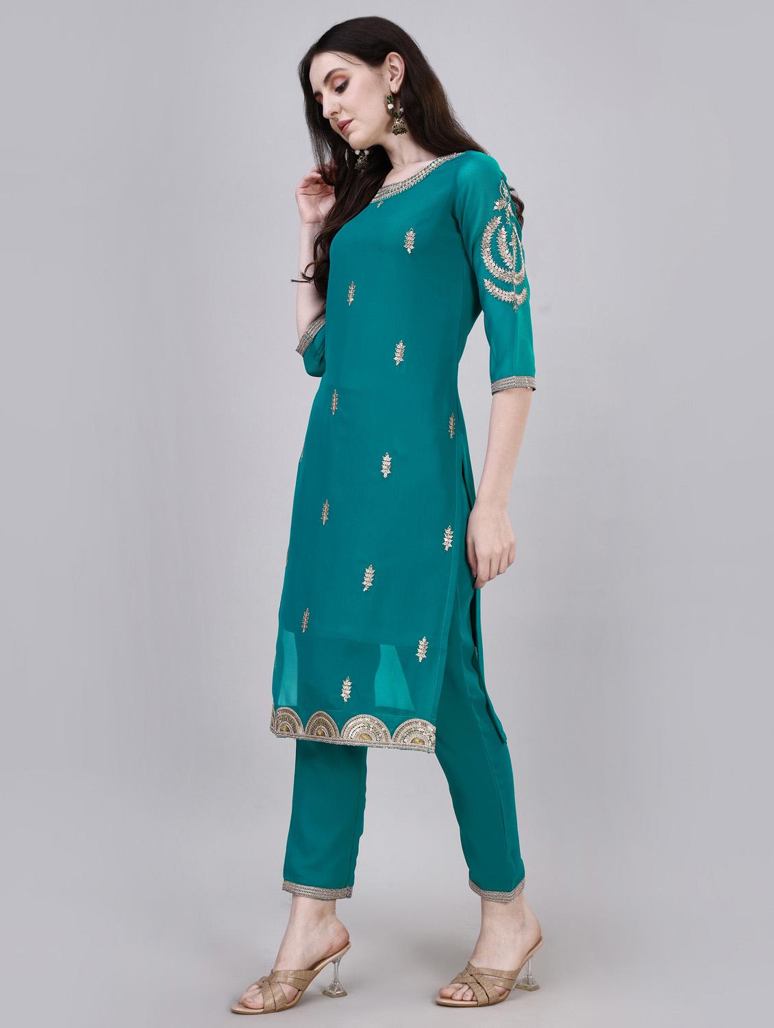 women teal round neck straight kurta - 20450622 - Standard Image - 2