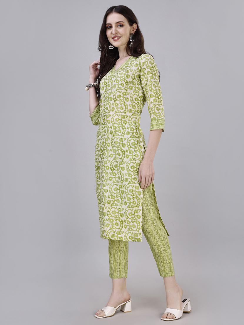 women green v neck kurta pant set - 20451385 - Standard Image - 2