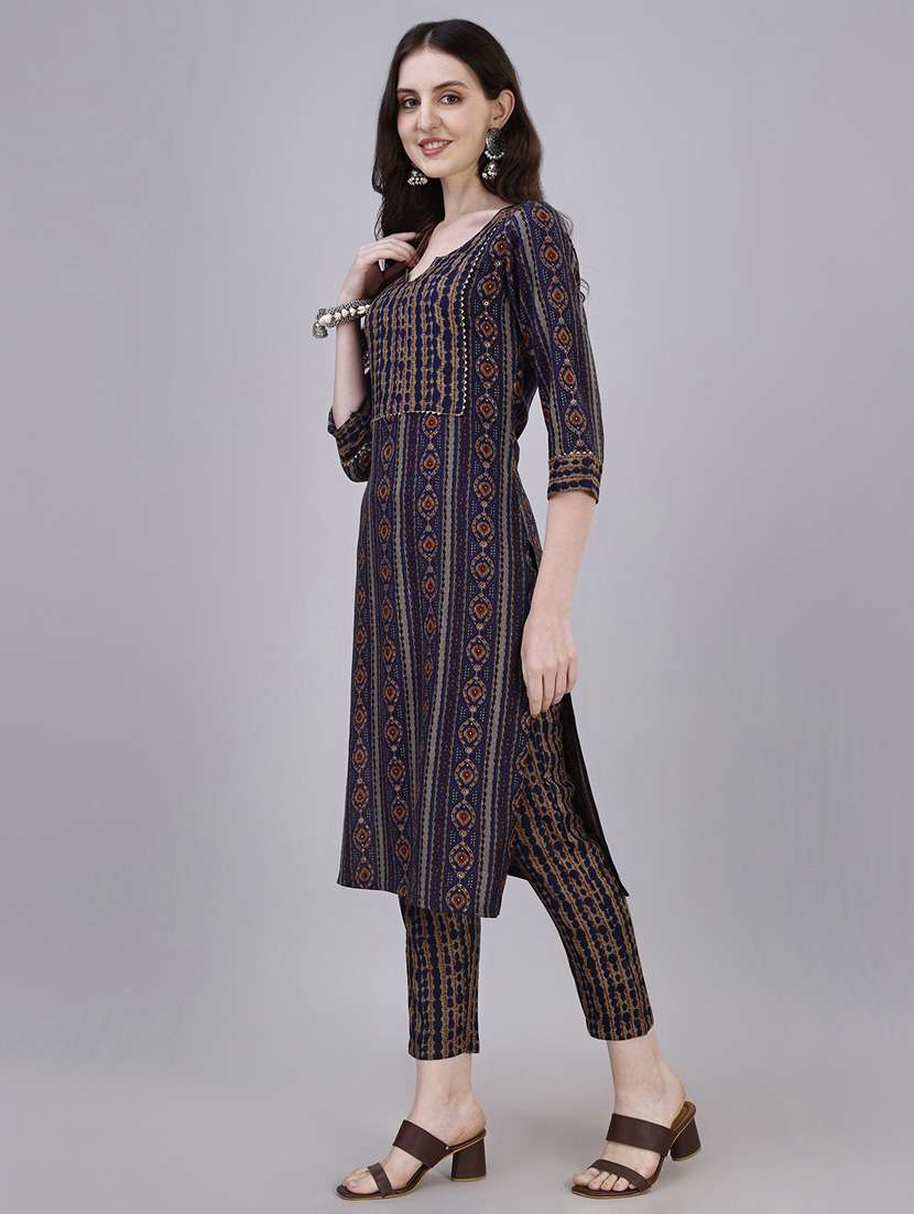 women navy blue notch neck kurta pant set - 20451389 -  Standard Image - 2