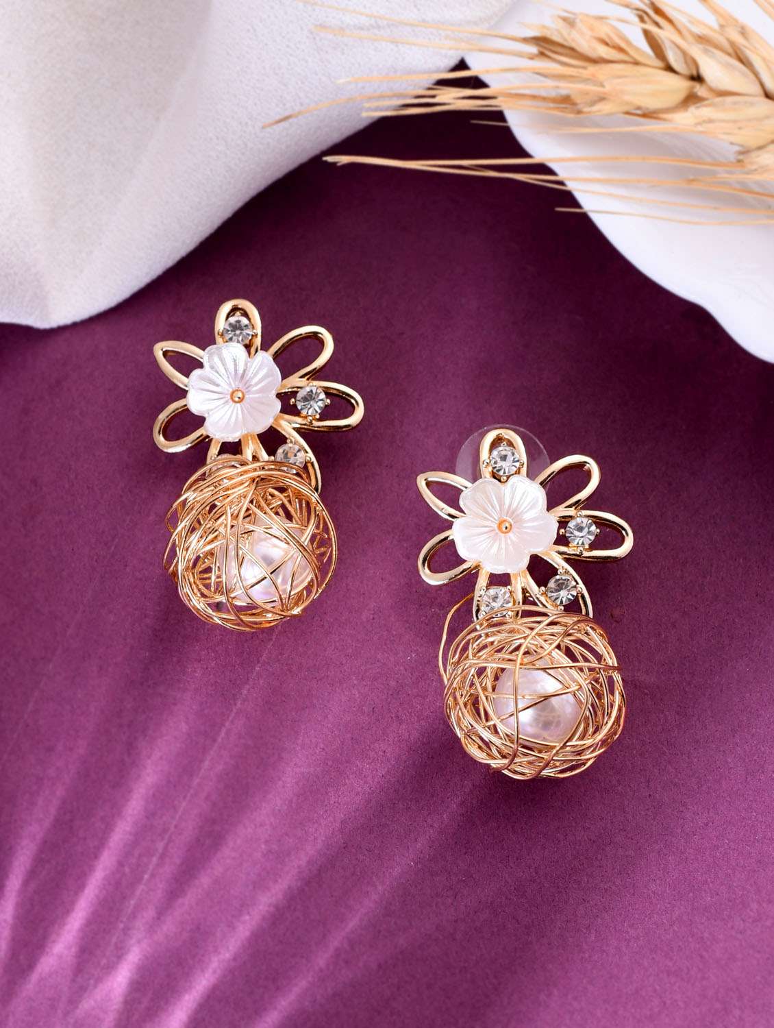 voj women gold plated flower peral studs earring