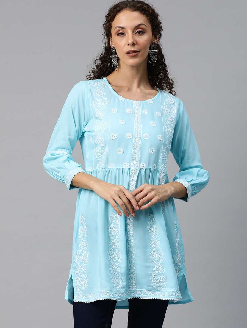 women light blue round neck a-line kurti