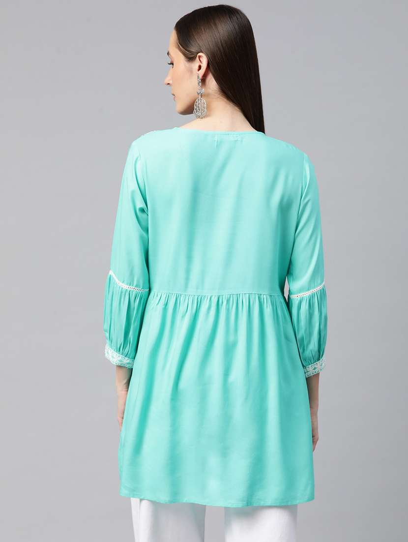 turquoise three quarter sleeve a-line kurti - 20451448 -  Standard Image - 2