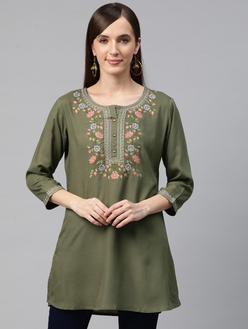 women olive round neck a-line kurti - 20451451 -  Zoom Image - 0