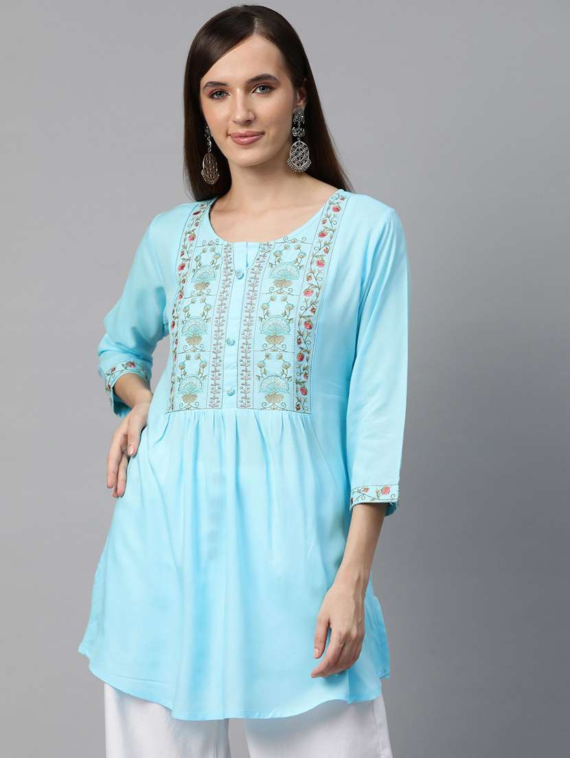 light blue three quarter sleeve a-line kurti