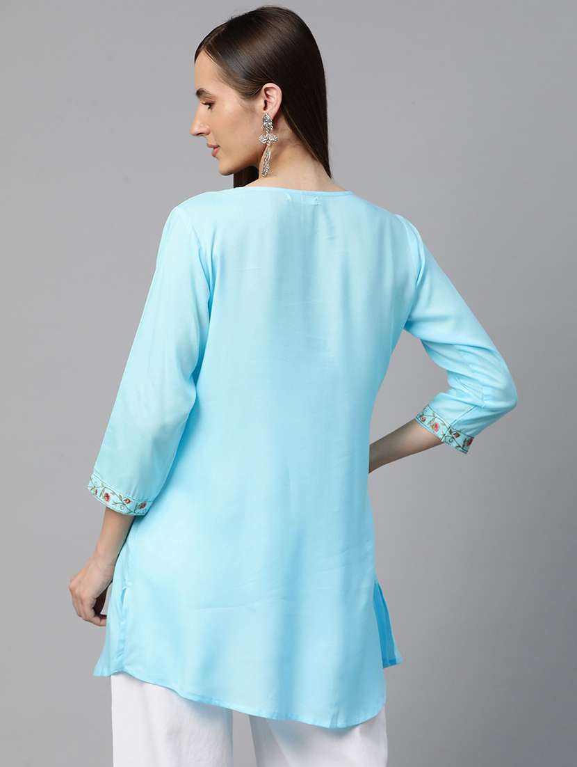 light blue three quarter sleeve a-line kurti - 20451456 -  Standard Image - 2