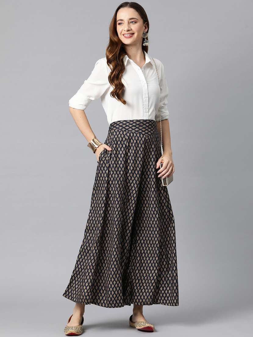 navy blue printed flared palazzo - 20451538 -  Standard Image - 2