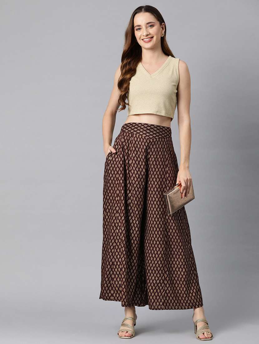 brown printed flared palazzo - 20451541 -  Standard Image - 2