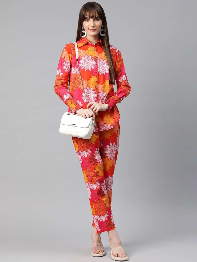 women orange floral print shirt collar co-ord sets