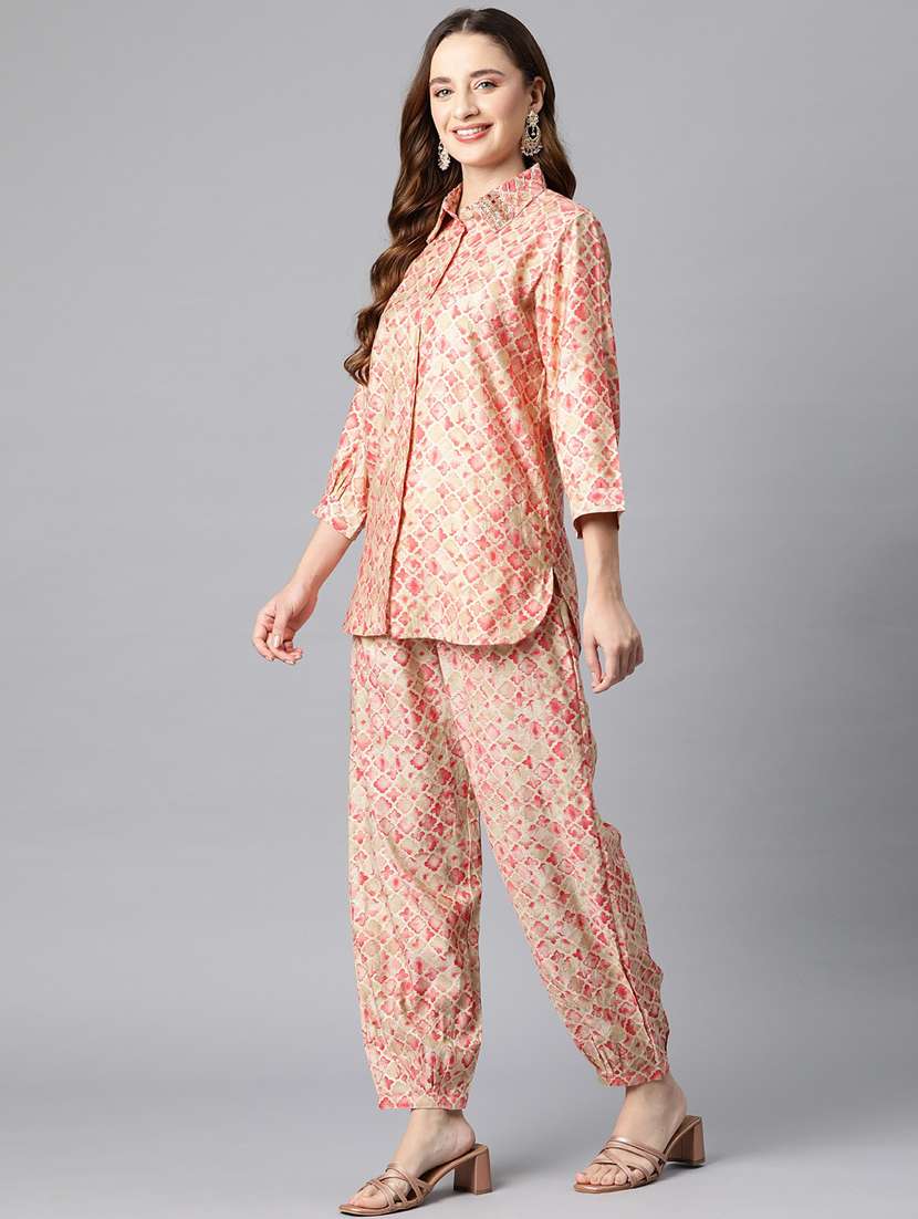 women pink geometric shirt collar co-ords sets - 20451582 -  Standard Image - 2