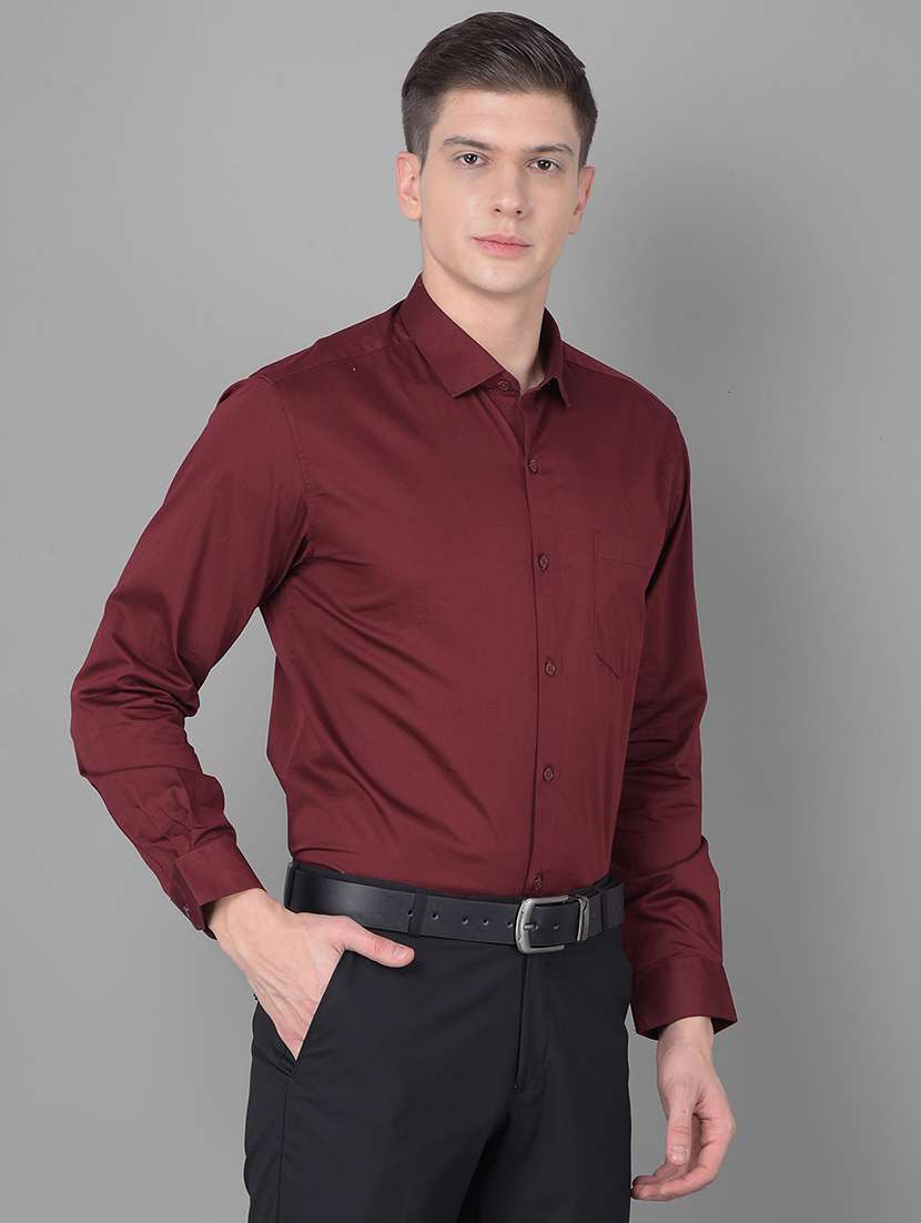 men solid maroon cotton blend slim fit formal shirt - 20455011 -  Standard Image - 2