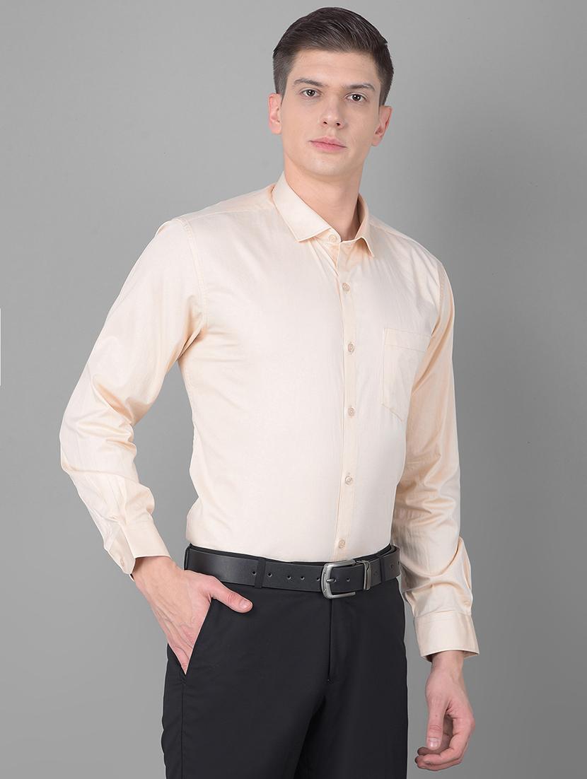 men solid cream cotton blend formal shirt - 20455012 - Standard Image - 2