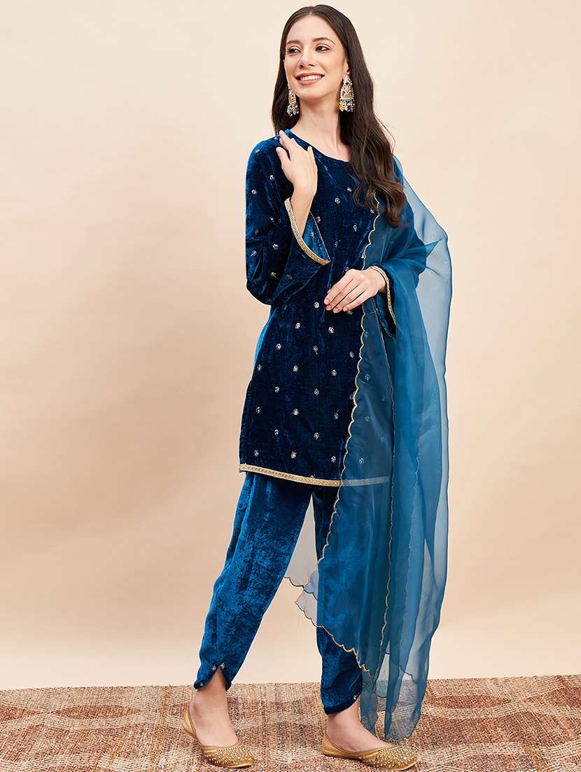 Blue Solid With Work Kurta Dupatta Set - 20455153 -  Standard Image - 2