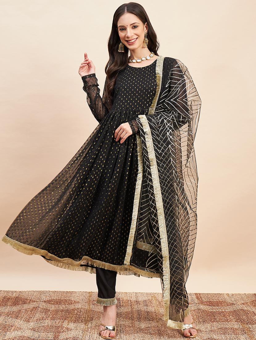 black solid with work kurta pant set - 20455155 - Zoom Image - 0