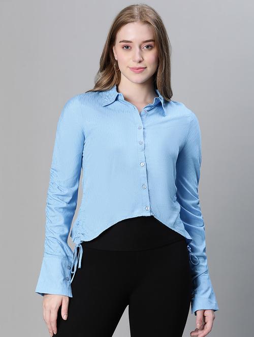 light blue solid ruched long sleeves shirt - 20458076 -  Standard Image - 0