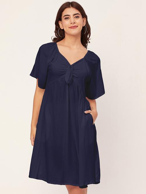 navy blue solid a-line dress with pocket - 20458138 - Standard Image - 0