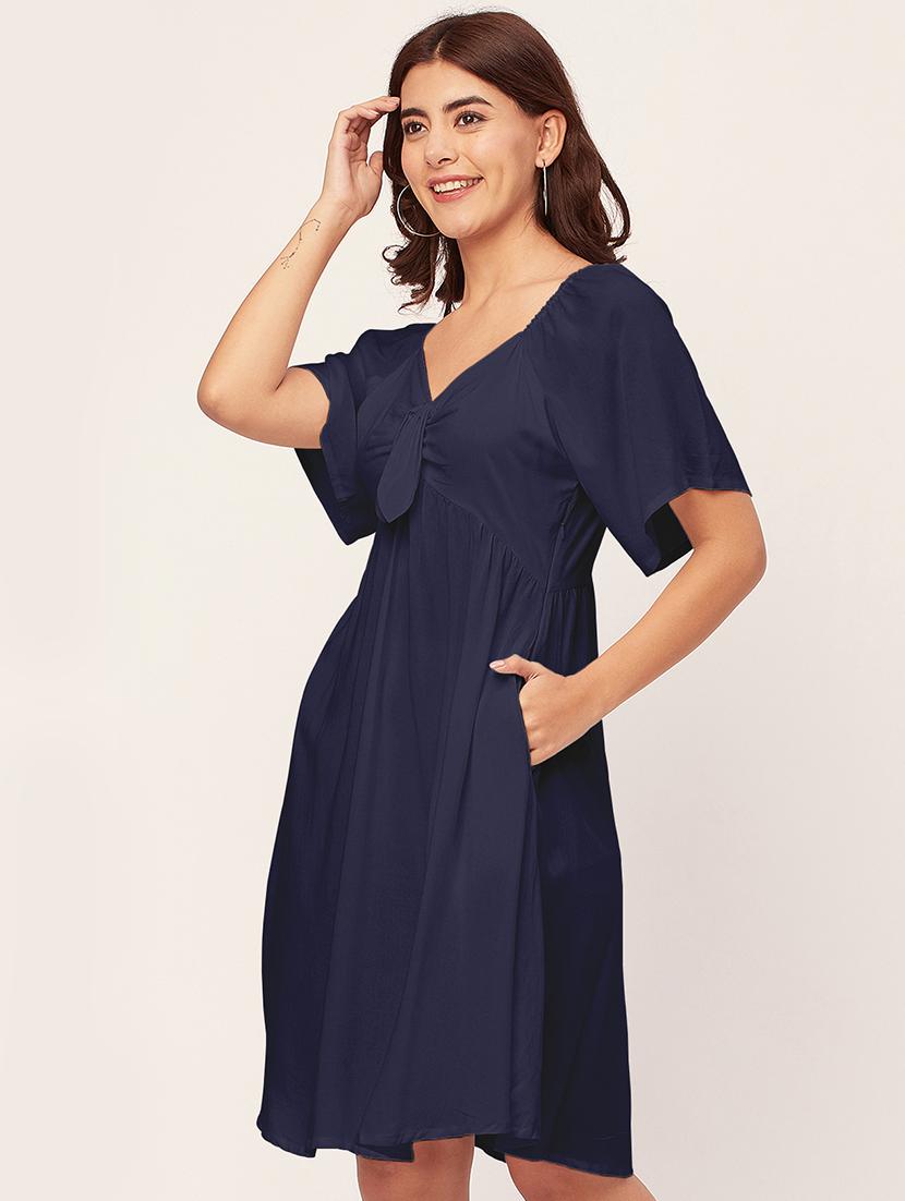 navy blue solid a-line dress with pocket - 20458138 - Standard Image - 2