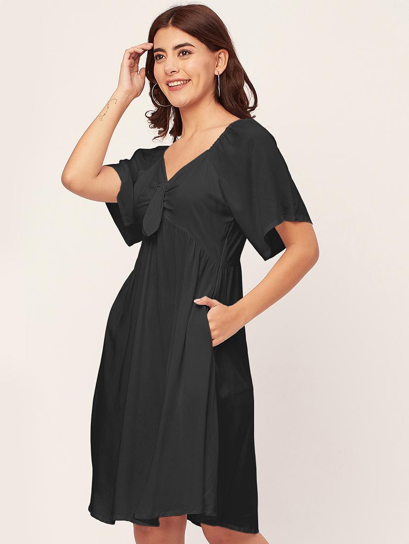 black solid a-line dress with pocket - 20458139 - Standard Image - 2