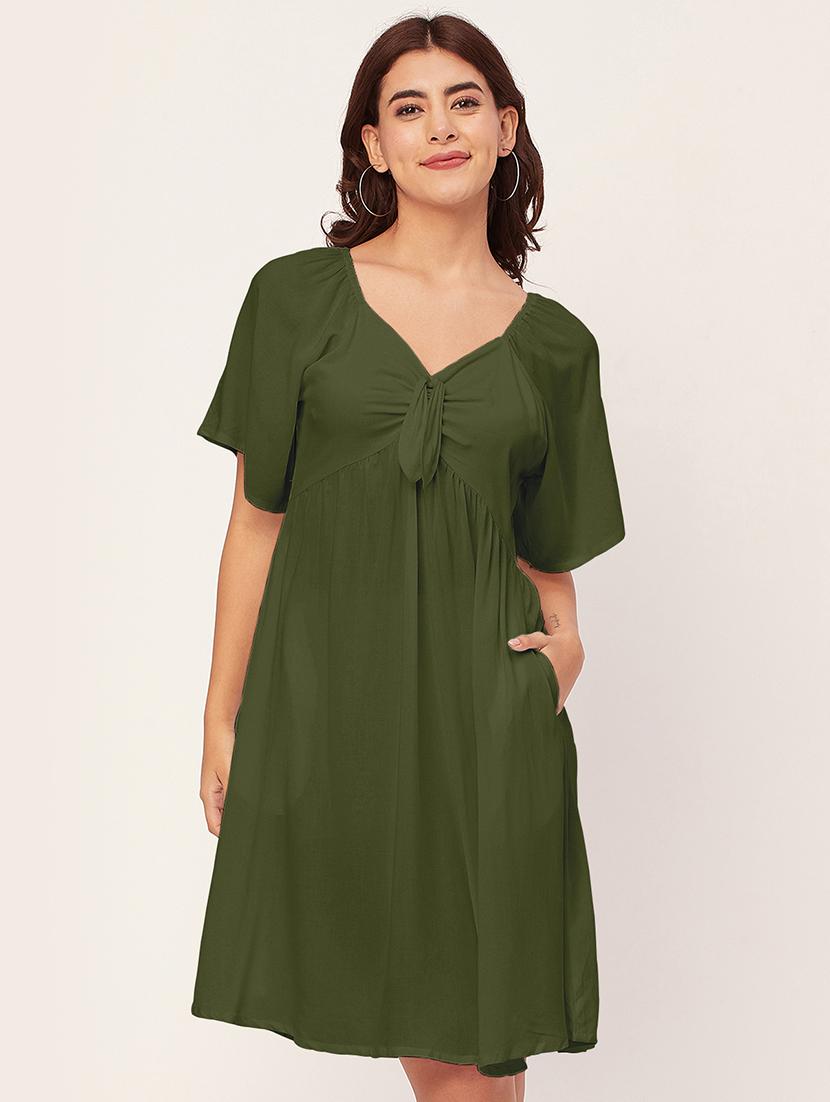 green solid a-line dress with pocket - 20458140 -  Zoom Image - 0