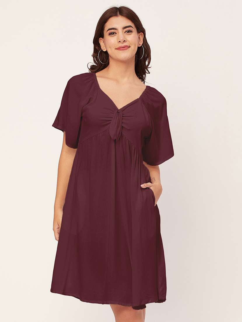 burgundy solid a-line dress with pocket