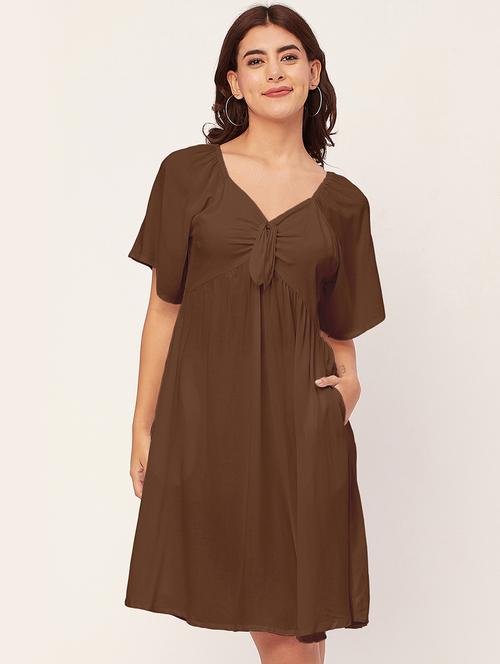 brown solid a-line dress with pocket - 20458142 - Standard Image - 0