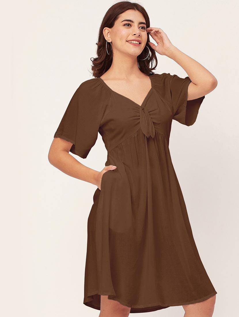 brown solid a-line dress with pocket - 20458142 - Standard Image - 2