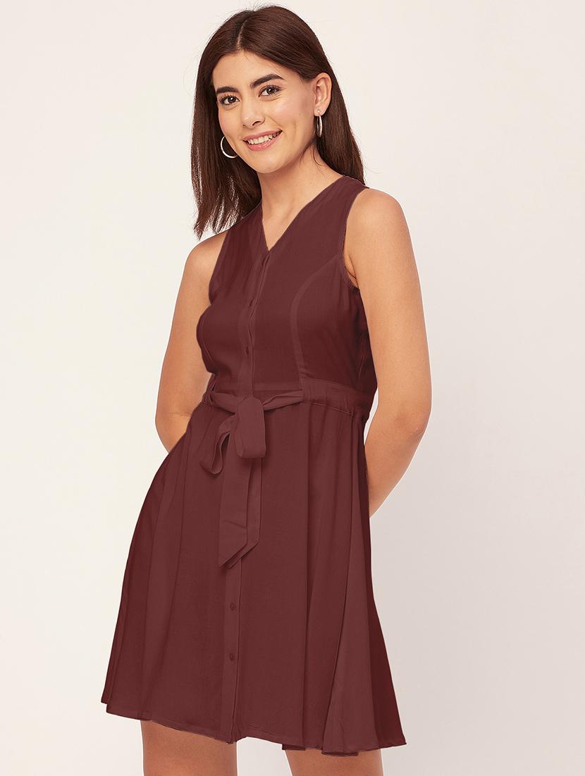 brown solid sleeveless a-line dress - 20458143 - Standard Image - 2