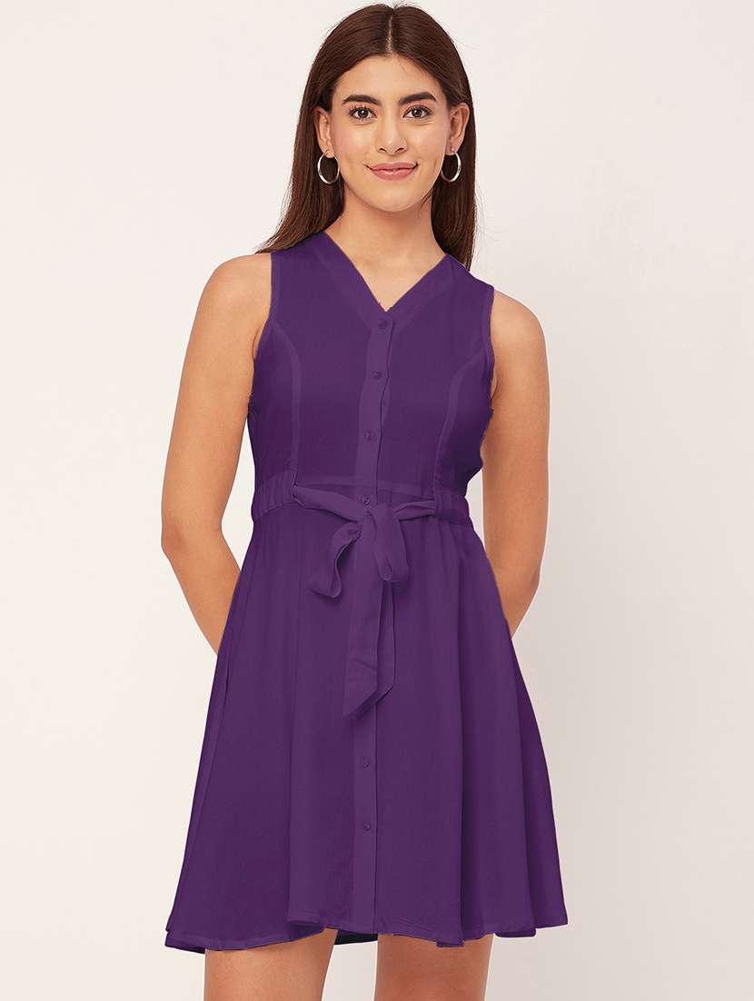 purple solid sleeveless a-line dress