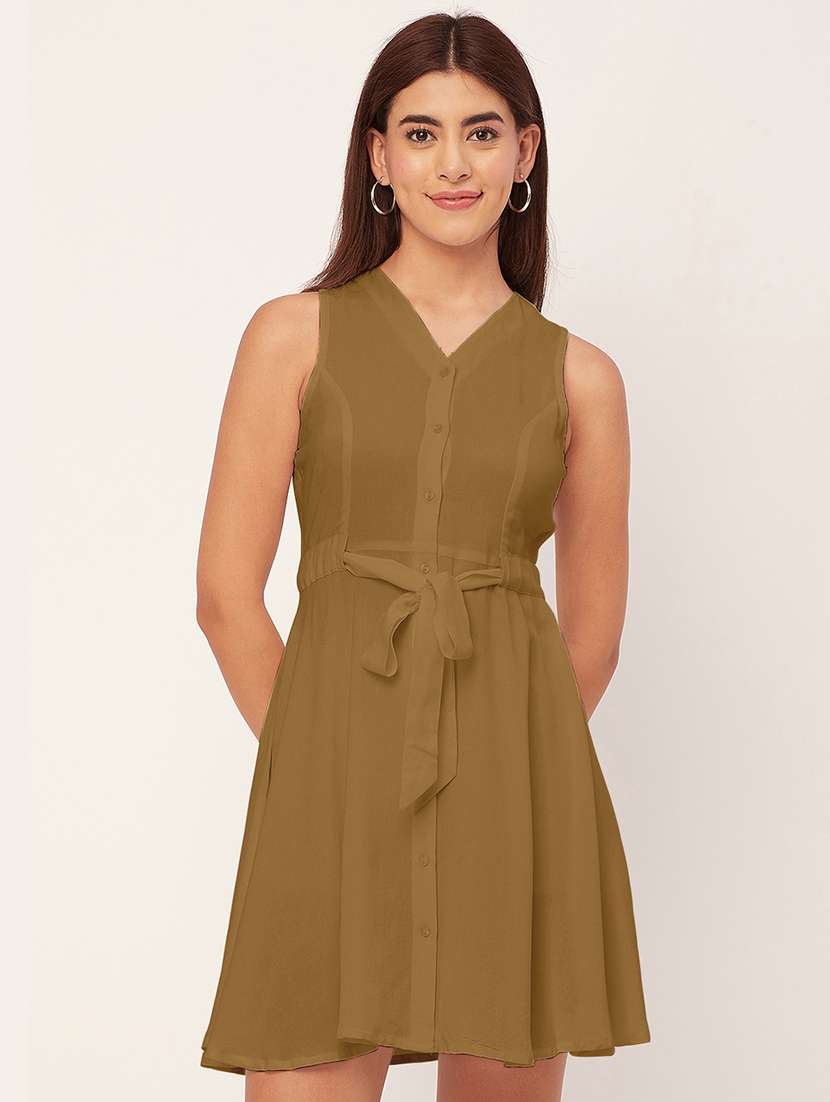 khaki solid sleeveless a-line dress