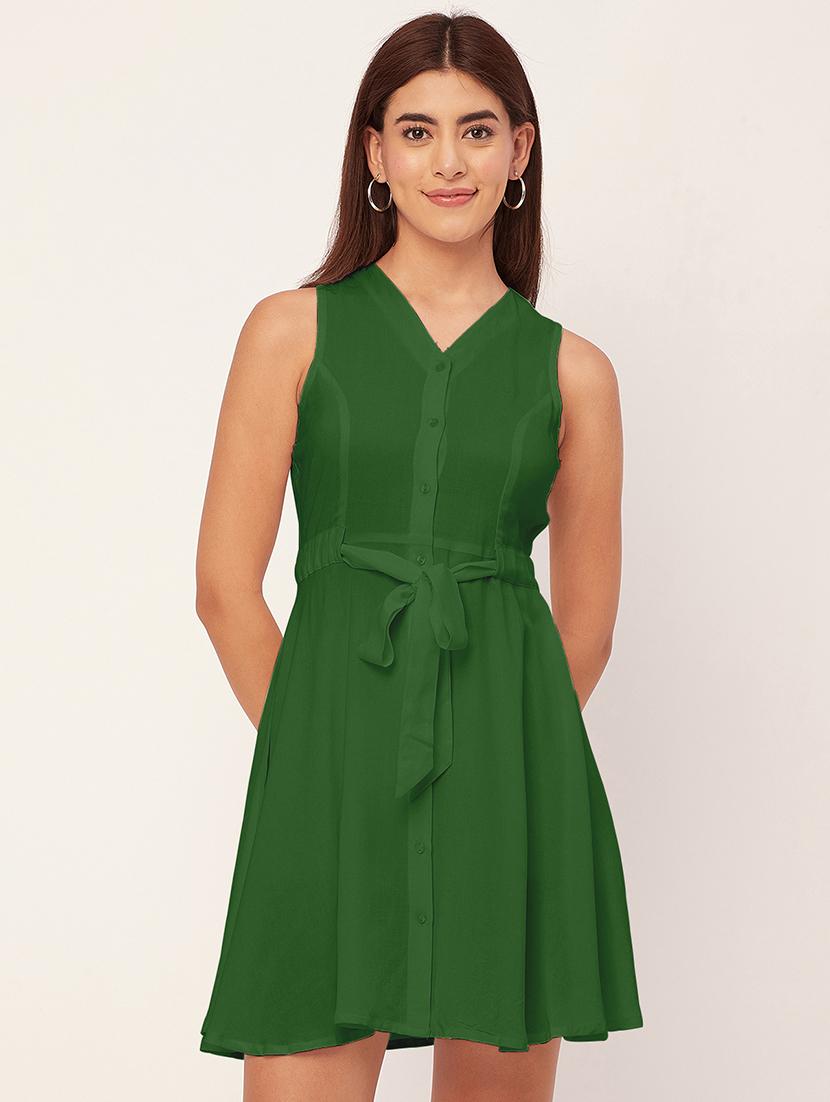green solid sleeveless a-line dress - 20458148 -  Zoom Image - 0