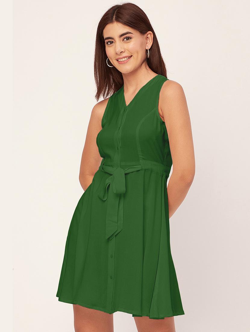 green solid sleeveless a-line dress - 20458148 - Standard Image - 2