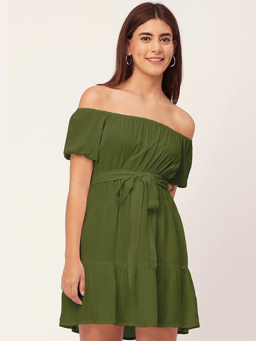 olive solid off shoulder dress waist tie - 20458149 -  Standard Image - 0