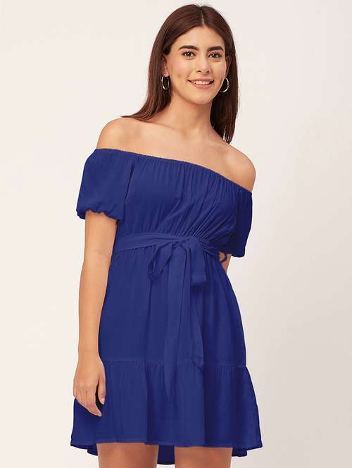 blue solid off shoulder dress waist tie - 20458150 -  Standard Image - 0