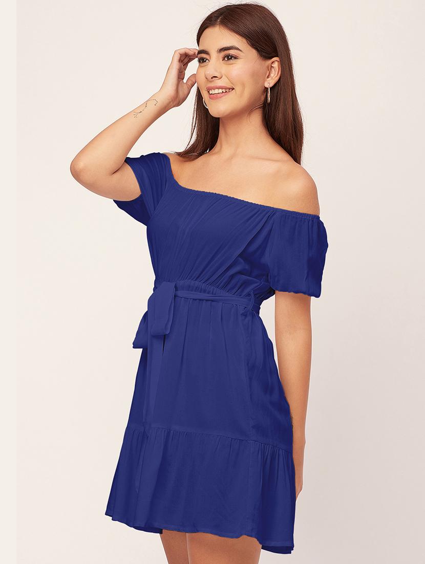 blue solid off shoulder dress waist tie - 20458150 - Standard Image - 2