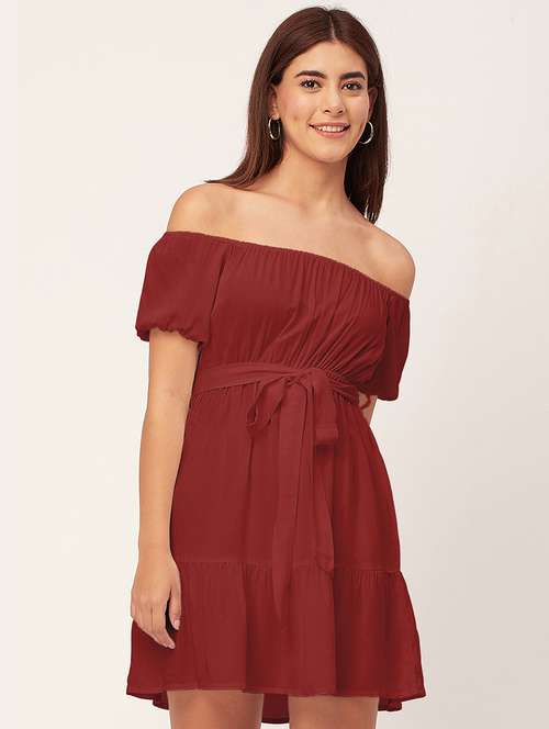 maroon solid off shoulder dress waist tie - 20458151 -  Standard Image - 0