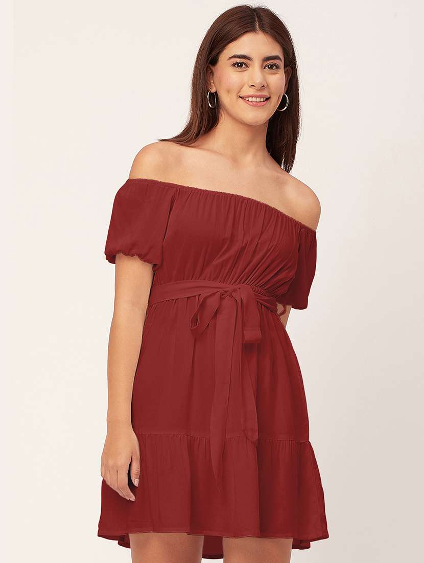 maroon solid off shoulder dress waist tie