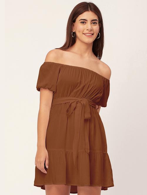 brown solid off shoulder dress waist tie - 20458152 - Standard Image - 0