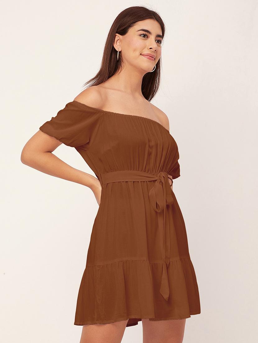 brown solid off shoulder dress waist tie - 20458152 - Standard Image - 2