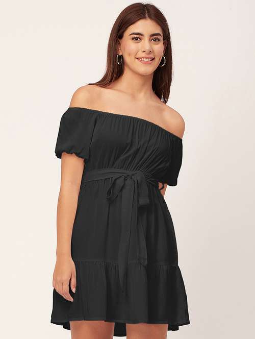 black solid off shoulder dress waist tie - 20458153 - Standard Image - 0