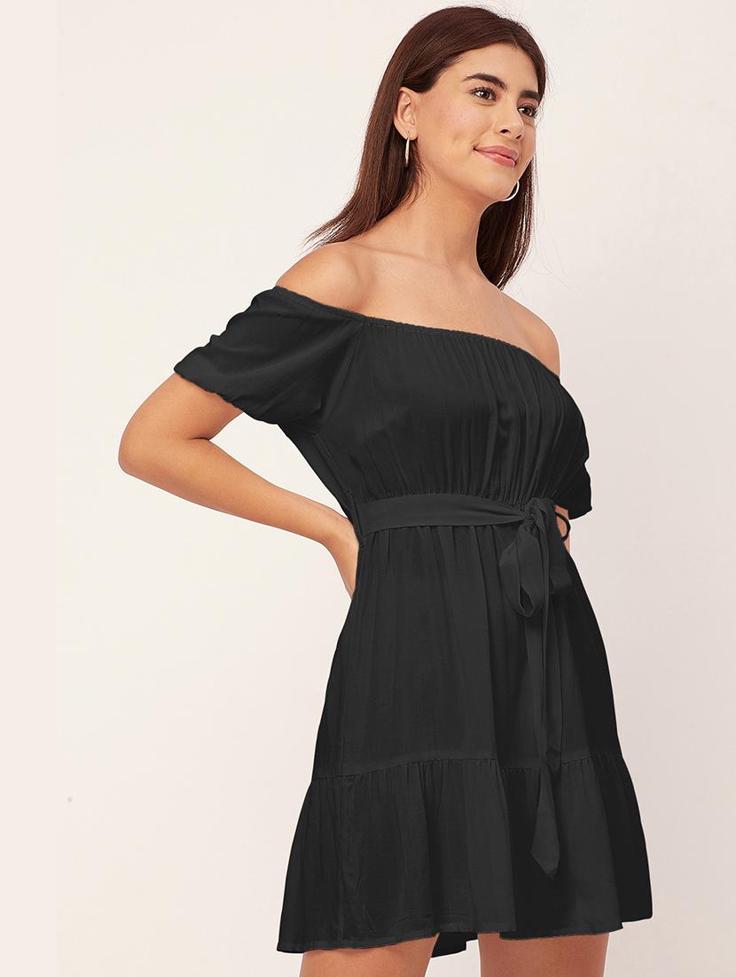 black solid off shoulder dress waist tie - 20458153 - Standard Image - 2