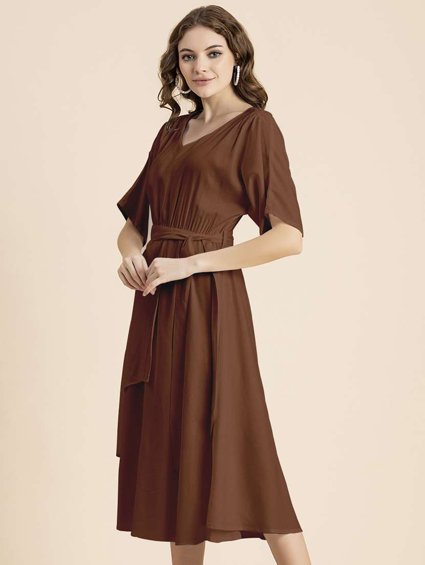 Brown Solid A-line Dress With Waist Tie - 20458158 -  Standard Image - 2