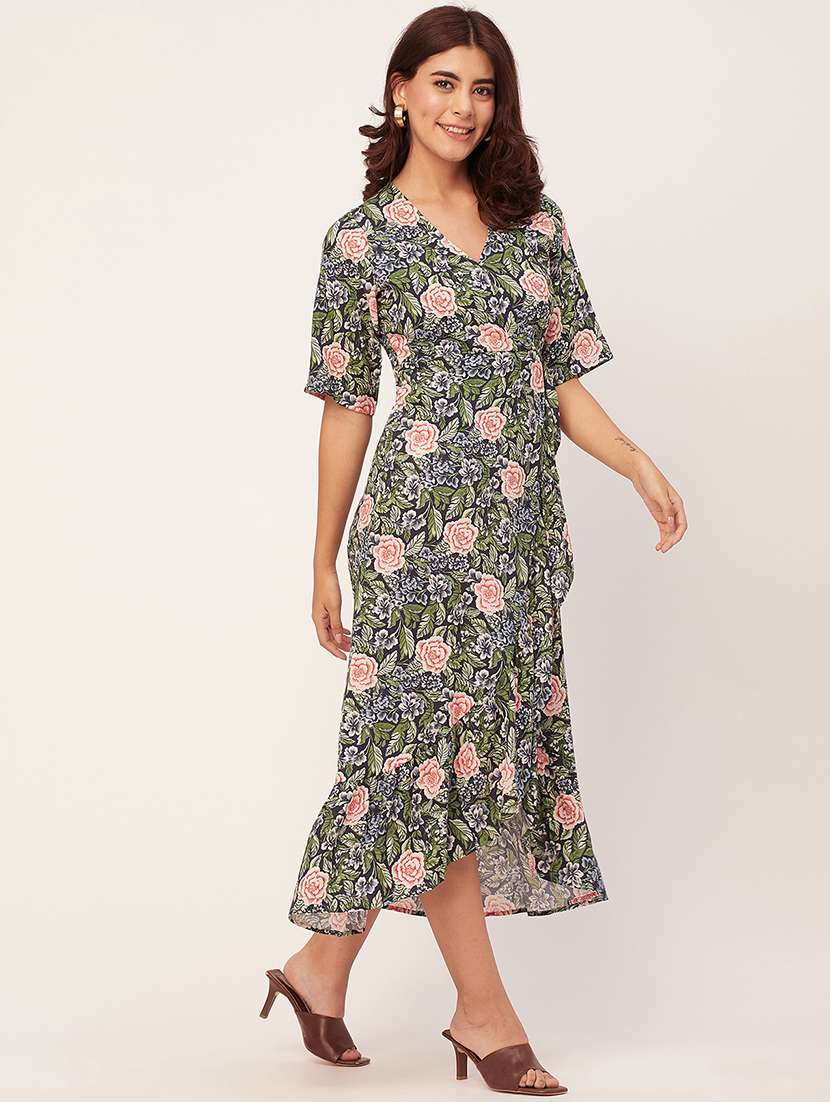 navy blue floral print wrap dress
