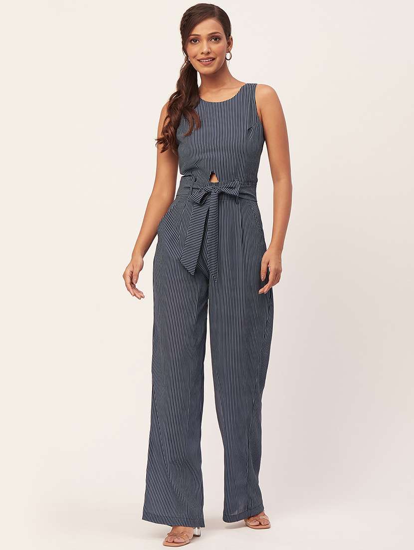 navy blue striped full length jumpsuit