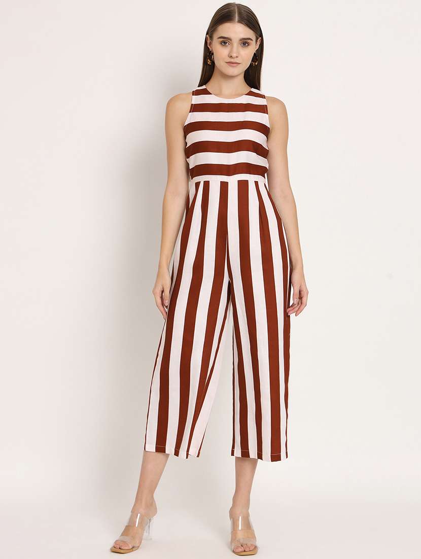 brown & white striped full length jumpsuit