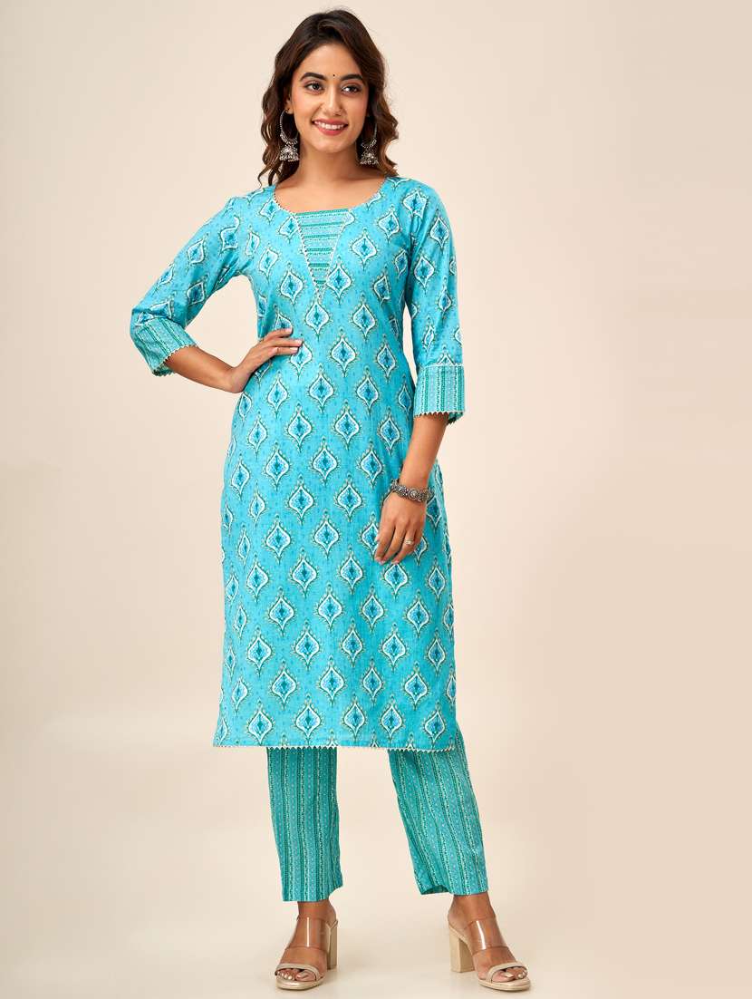 women turquoise round neck straight kurta