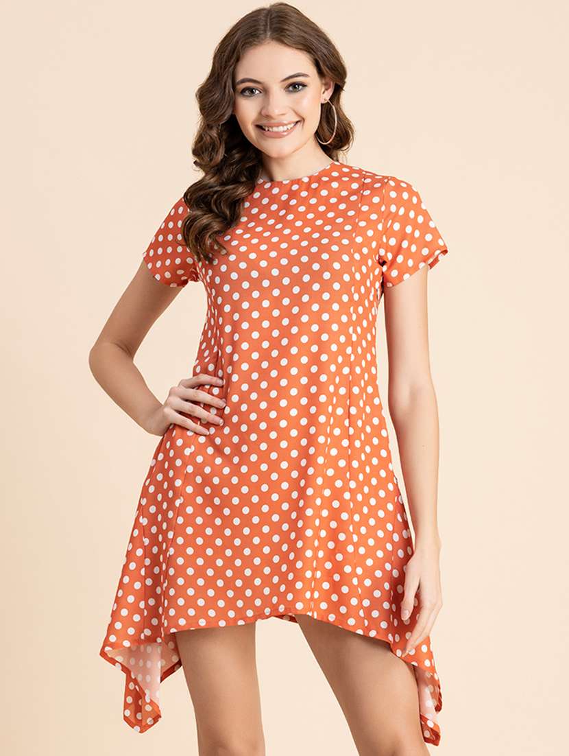 orange polka dots asymmetric dress