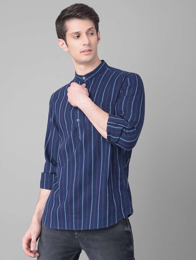 men striped navy blue cotton slim fit short kurta