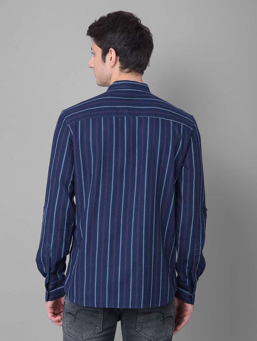 men striped navy blue cotton slim fit short kurta - 20459459 -  Standard Image - 2
